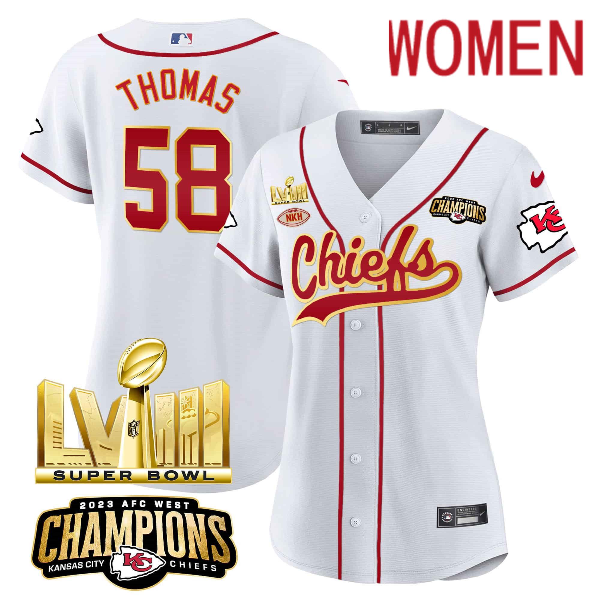 Women Kansas City Chiefs #58 Thomas White 2024 Nike Super Bowl LVIII Back-2-Back Gold Patch Baseball NFL Jersey